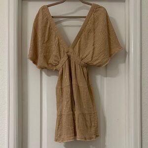 Women’s Tan Tie-Front Dress with Subtle Metallic Thread